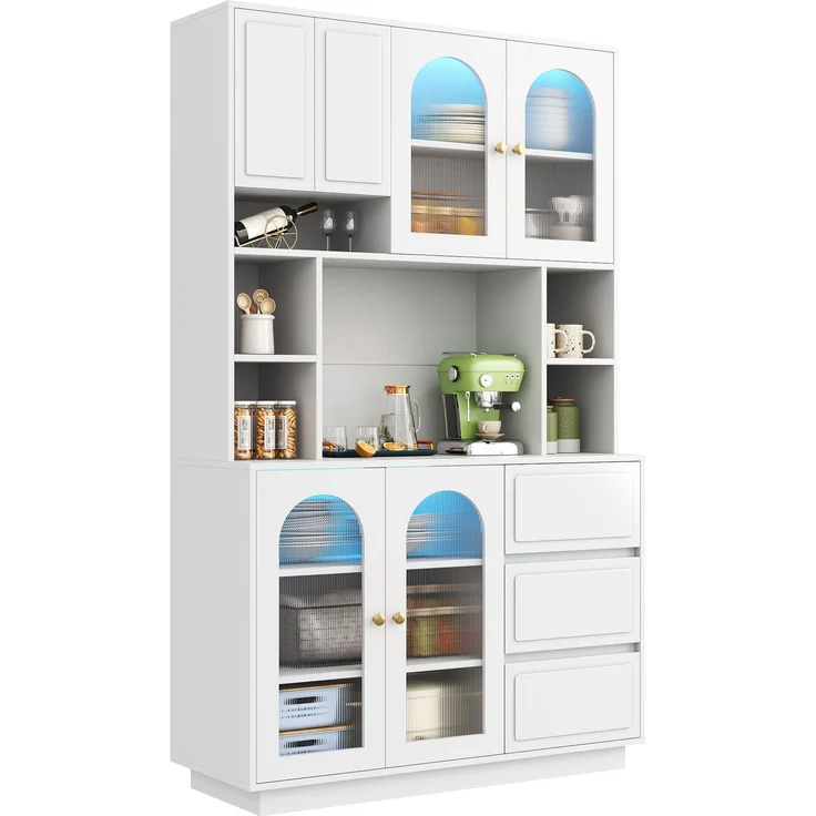 Merax Hoher Sideboard Schrank, Küchen Staurschrank mit Bogen-Acryltüren, Bar-Schrank mit offenen Fächern, Schrank mit APP-gesteuerter farbverstellbarer LED-Beleuchtung, Weiß – Bild 10