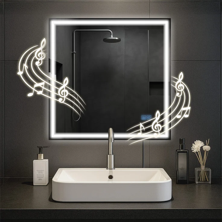 CLP Badspiegel Jaffrey Bluetooth-Lautsprecher Anti-Beschlag Quer- und Hochformat LED,80x80 cm – Bild 1