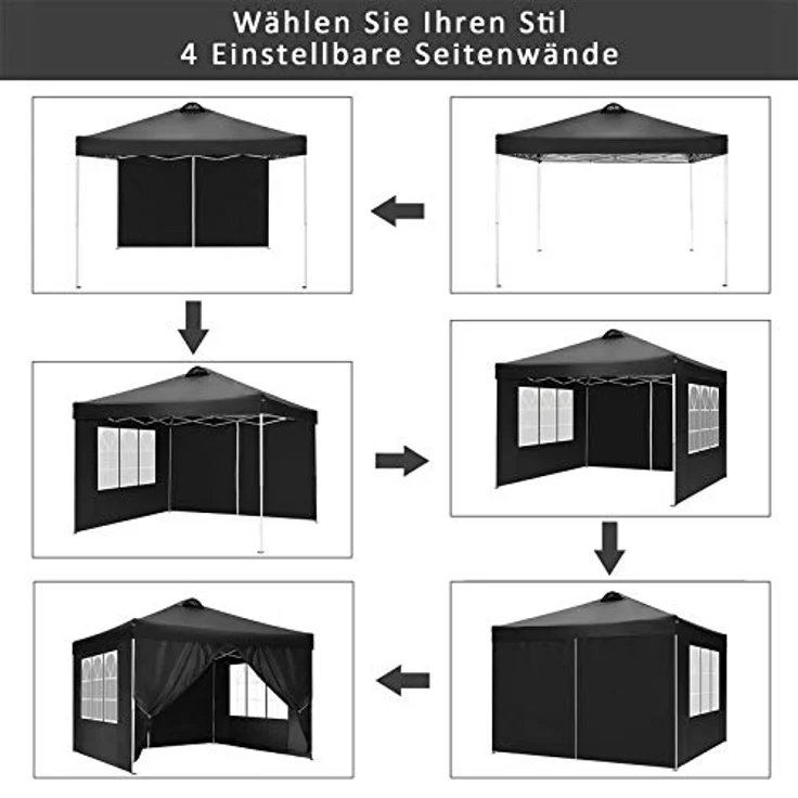 COBIZI Pavillon 3x3 m Wasserdicht Stabil Winterfest Faltpavillon Partyzelt Gartenpavillon mit Entlüftung, 4 Seitenteilen, 4 Sandsack, Höhenverstellbar, Pop up Faltbar Gartenzelt, Schwarz – Bild 4