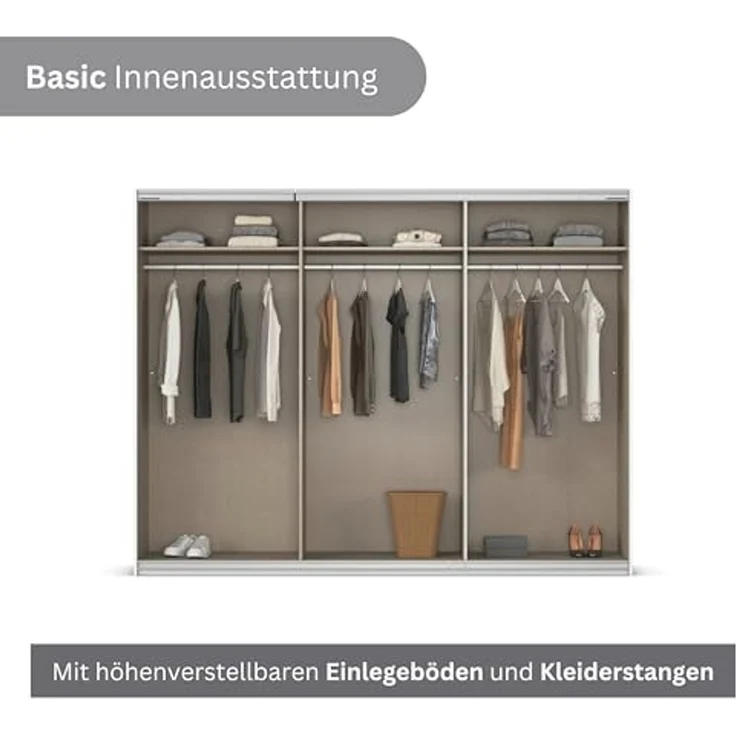 Rauch Möbel Kulmbach, Kleiderschrank mit Schwebetüren für Schlafzimmer, Kinderzimmer, Jugendzimmer, Garderobe, Flur, 3-türig, mit Spiegel, Zubehör Basic, Farbe Grau metallic, Schwarz, Breite 271 cm – Bild 7
