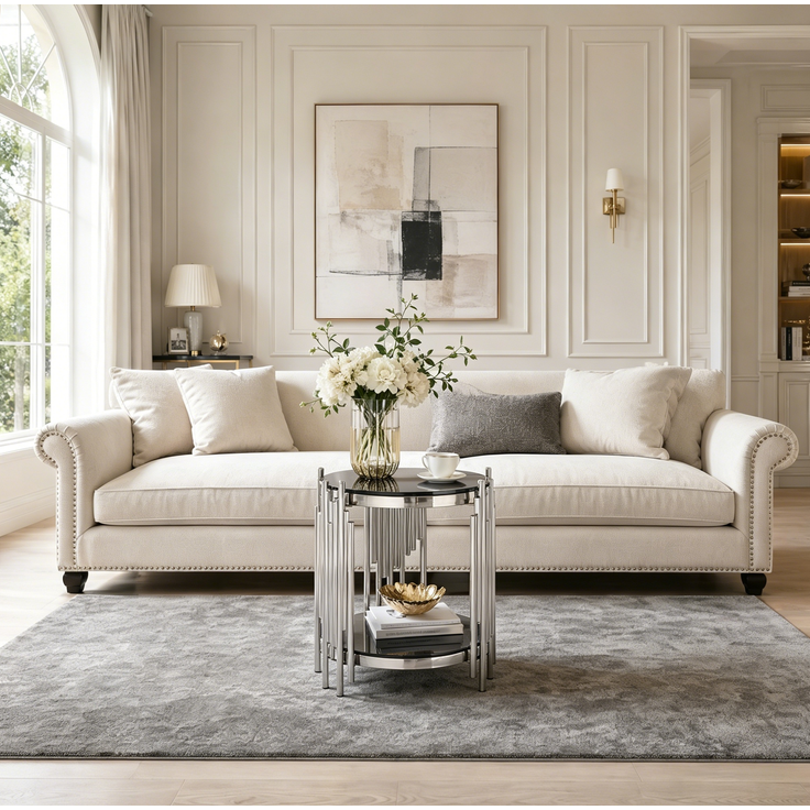 Couchtisch 45 cm rund aus gehärtetem Glas und Edelstahl in Schwarz/Silber – Bild 4