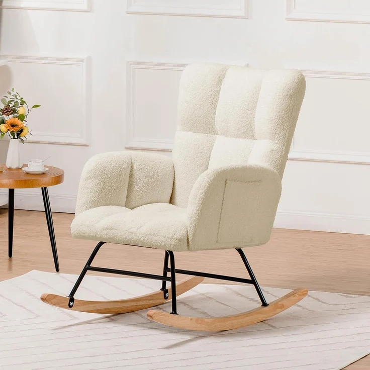 COMHOMA Schaukelstuhl mit Hocker, Relaxsessel mit Armlehnen, Ohrensessel aus Teddy-Plüsch Schaukelsessel, bis 150 kg belastbar, sonnenliege gartenliege für Schlafzimmer, Wohnzimmer,Beige – Bild 2