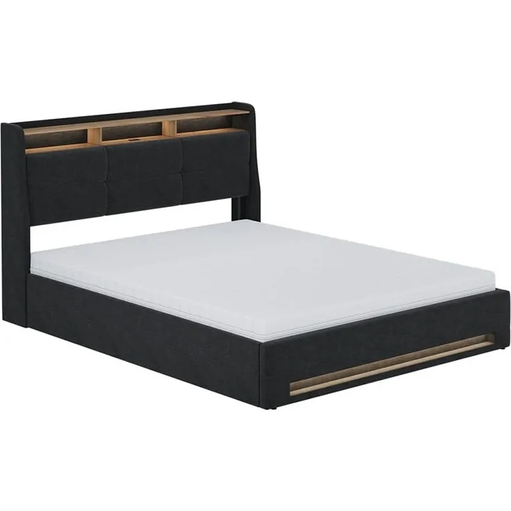 Polsterbett Christin Anthrazit/Eiche 160x200 mit LED und USB-Anschluss Vitalispa