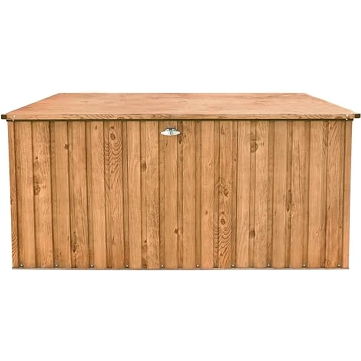Duramax DH 1.9 (1450 L) Kissenbox aus Metall mit hydraulischer Gasdruckfeder und Vorhängeschlossöse, Terrassenbox und Gartenmöbelaufbewahrung für den Außenbereich, Holzmaserung – Bild 9
