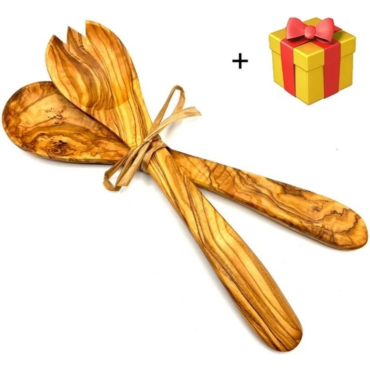 Olivenholz-erleben Salatbesteck Salatbesteck mittel mit Bastband (Set, 2-tlg, 1x Salatlöffel, 1x Salatgabel), Stilvoll Salate servieren – ein echter Blickfang auf dem Tisch. – Bild 3