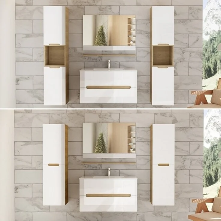 Badezimmermöbel Set 90 cm Weiß Hochglanz, Waschtisch, Spiegel & Unterschrank – Bild 4