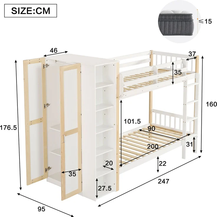 Merax Etagenbett, 90x200cm Kinderbett mit Fallschutz und Gitter, mit 4-stufiger Leiter, 6 offenen Regalen, Kleiderschrank seitlich, Reichlich Stauraum, Kiefer+PB, Weiß+Natur – Bild 4
