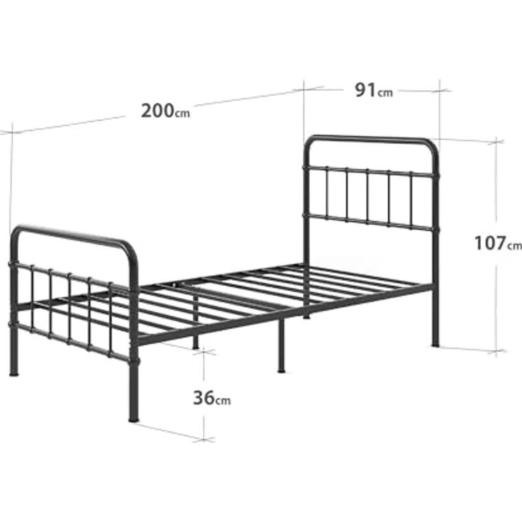 Zinus Florence Bett 90x200 cm - Höhe 30 cm mit Unterbettstauraum - Metall-Plattformbettrahmen mit Kopfteil und Fußteil - Schwarz – Bild 5