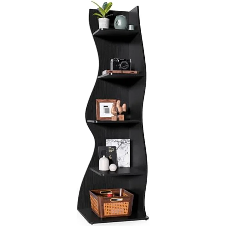 LITTLE TREE Bücherregal Ecke, Modernes Regal Schmal mit 6 Ebenen, 50 x 48 x 179 cm Bücherregal Holz, Standregal mit Wellen-Design für Kleine Räume, Wohnzimmer & Schlafzimmer, Schwarz, 2er Pack – Bild 6