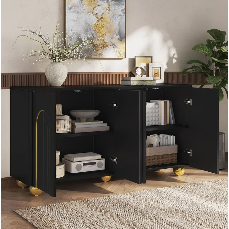 DESVIAE Sideboard Schwarz aus MDF/Spanplatte – 140x74x40 cm – 4 Türen, Gold-Bogendekor – Bild 3