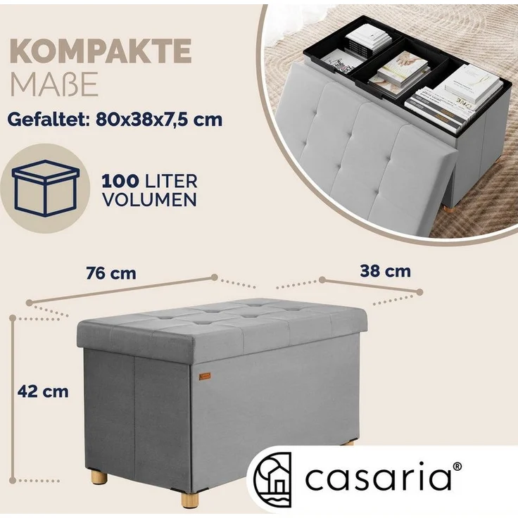 Casaria Sitzbank, Samt Grau Faltbar inkl. Füßen & Boxen 76x38cm 300kg Belastbarkeit Flur – Bild 2