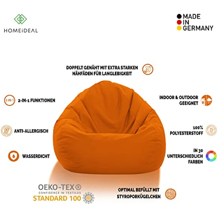 HomeIdeal - Sitzsack XXL Bodenkissen für Erwachsene & Kinder - Geeignet für Gaming oder Entspannen - Indoor wie Outdoor da er Wasserfest ist - mit EPS Perlen, Farbe:Orange, Größe:XL – Bild 3