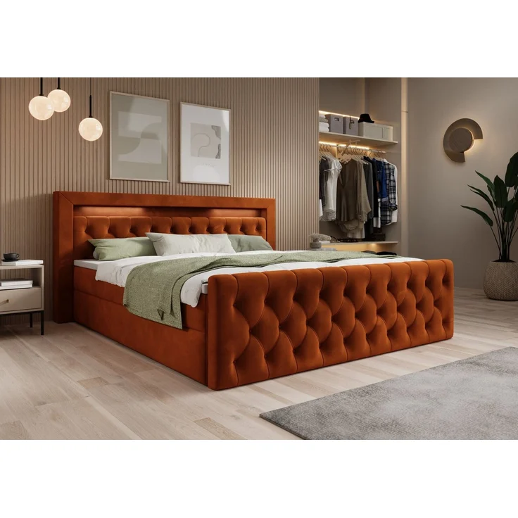 thematys Boxbett LED mit Bettkasten 160x200cm, mit Bonnellfederkernmatratze H3, Bouclé/Velours, mit Stauraum, mit 3 cm Topper, Rost (Velutto 33), Art.-Nr. S04JN0YRKVQ – Bild 3