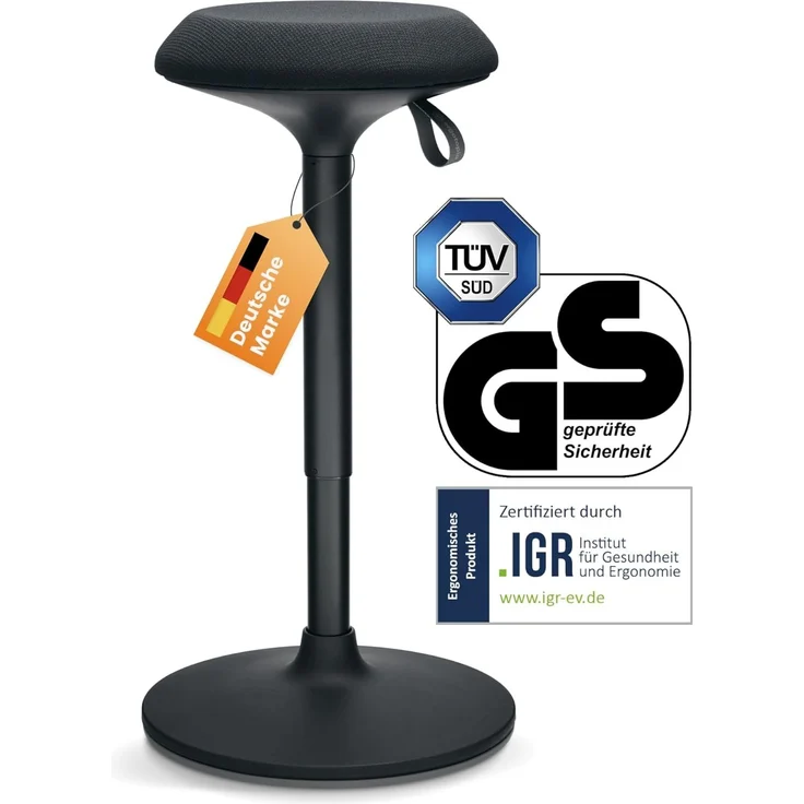 Ergotopia 'Dykó I' Sitz-Stehhocker mit Schwingeffekt, 360° drehbar, höhenverstellbar 57–83 cm, Schwarz