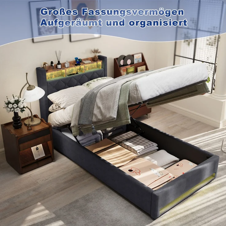 Multifunktionales Polsterbett aus Samt mit LED, USB & Stauraum, ohne Matratze, 90x190 cm, Grau – Bild 7