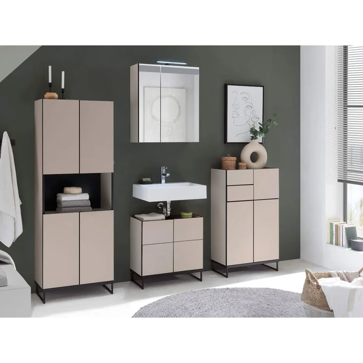 moebel-dich-auf Badmöbel-Set VENEZIA, (inklusive LED-Beleuchtung, kaschmir Spiegelschrank WBU optional mit Hoch-/Highboard), Metall Füße – Bild 1