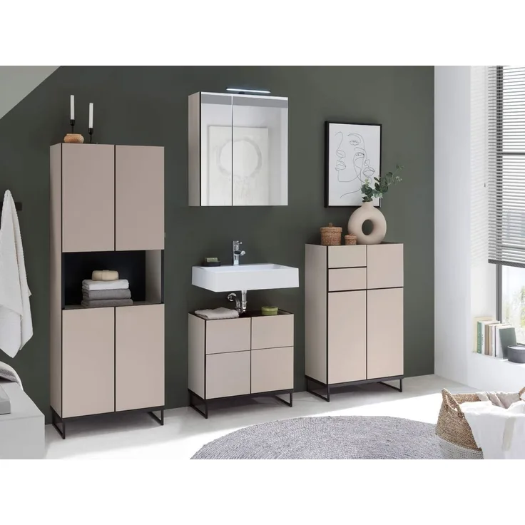 moebel-dich-auf Badmöbel-Set VENEZIA, (inklusive LED-Beleuchtung, kaschmir Spiegelschrank WBU optional mit Hoch-/Highboard), Metall Füße