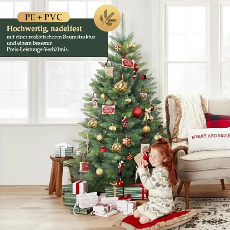 SALCAR 180cm Künstlicher Weihnachtsbaum Premium, Nordmanntanne mit Holzständer, Realistische PE+PVC Tannenbaum, Einfacher Aufbau für Ihre Weihnachtsdekoration – Bild 4
