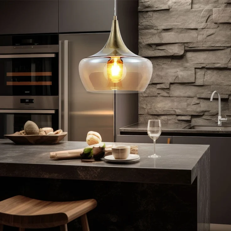 LED Hängeleuchte, messing antik, Glas amberfarben, H 150 cm – Bild 3