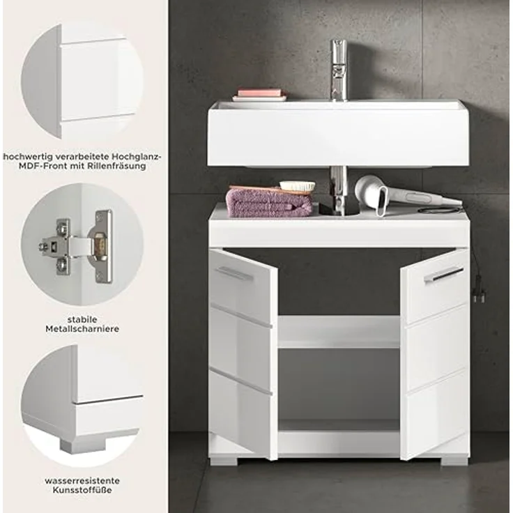 Xonox Scout Waschbeckenunterschrank (B/H/T: 60x56x34 cm) in weiß Nachbildung und weiß Hochglanz tiefzieh – Bild 6