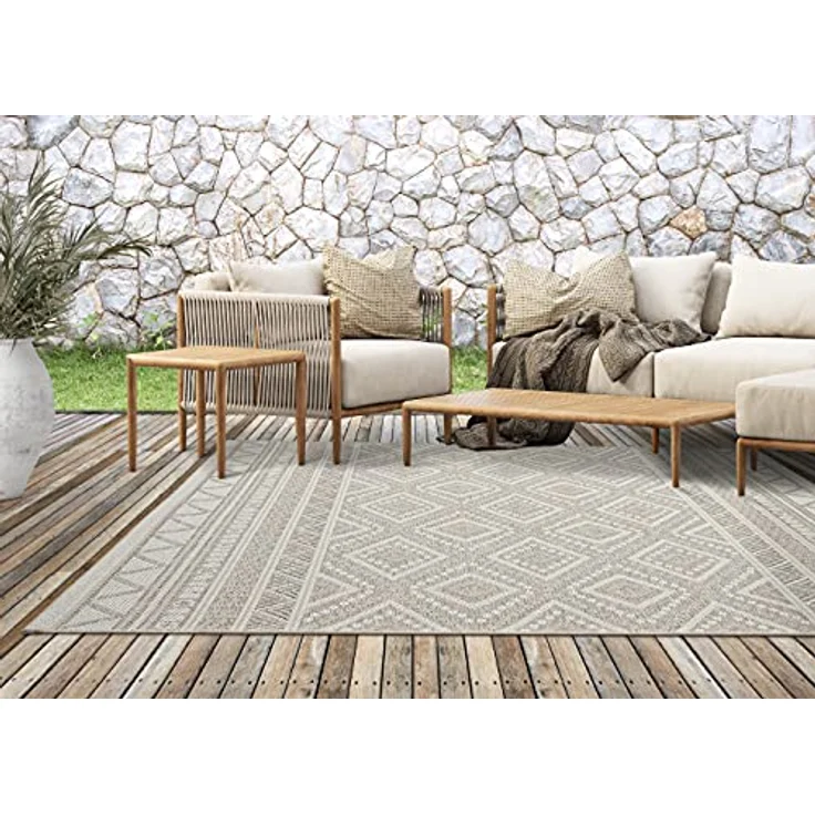 the carpet Calgary - robuster Teppich, Flachgewebe, modernes Design, ideal für Küche und Esszimmer, Vintage-Optik, Boho-Style, besonders flach, auch für den Außenbereich, Beige, 160x220 cm – Bild 7