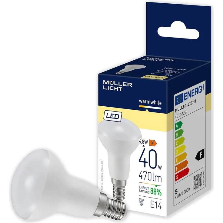 Müller-Licht Essentials LED Lampe Reflektor E14, warmweißes Licht (2700K), 4,8W ersetzt 40W, 470lm, Weiß