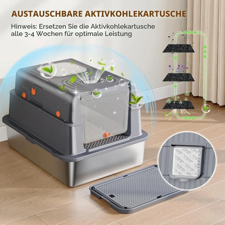 Edelstahl Katzenklo mit Deckel XXXL, 70 x 50 x 42cm, Dunkelgrau, Geschlossene Metall Katzentoilette, 105° Klappdeckel, Inklusive Pedal und Schaufel, Leicht zu Reinigen, Zwei Türen – Bild 7