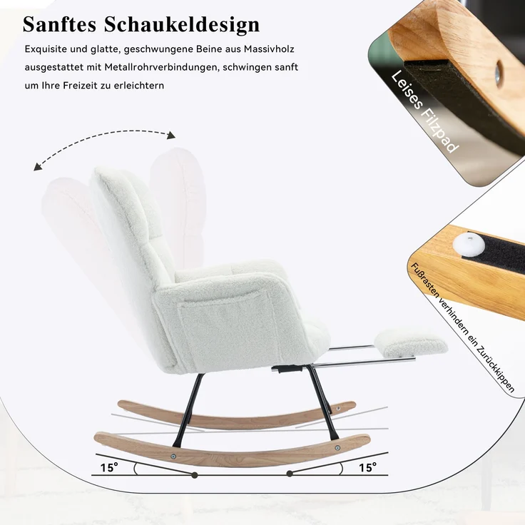 Schaukelstuhl 80x98x98,5 cm, Weiß, mit ausziehbarer Fußstütze – Bild 8