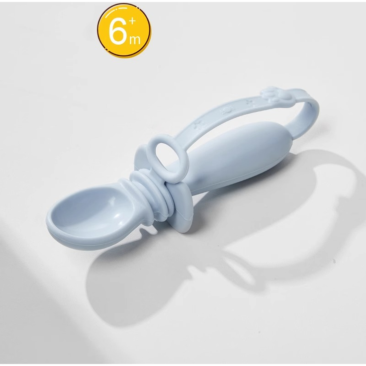 ABC Blauer Babylöffel aus Vollsilikon mit Aufbewahrungsbox, geeignet für Babys selbstständiges Essen und Beikost, enthält Gabel und Löffel