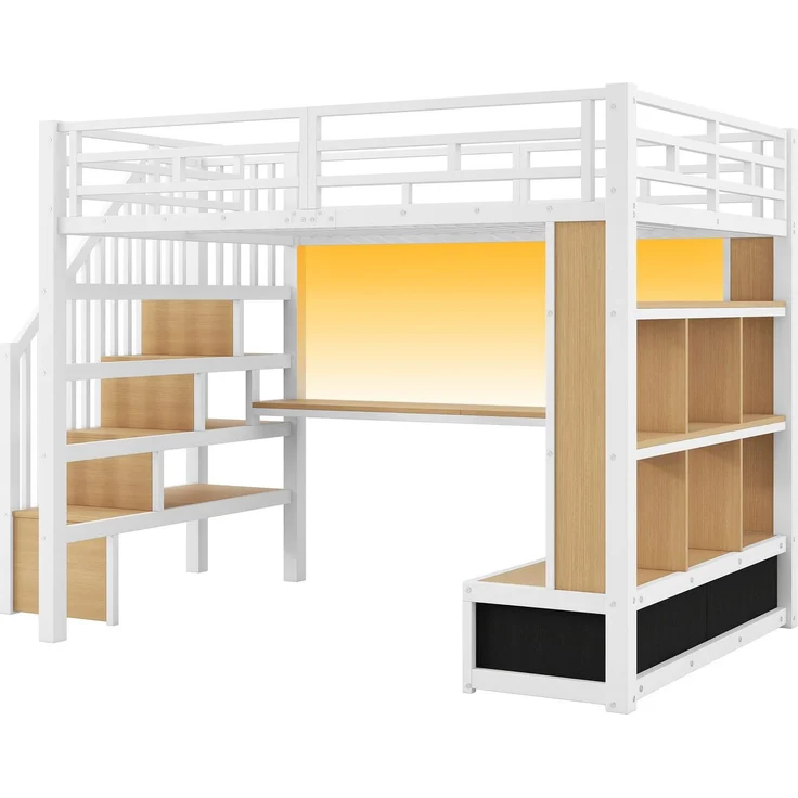 Hochbett mit RGB LED-Streifen, Schreibtisch, Regal, Lattenrost, Treppe und Schubladen, 140x200 cm, Kinderbett mit Rausfallschutz, Metallbett – Bild 7