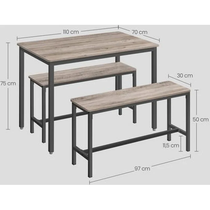Vasagle Esstisch, Küchentisch-Set, 110 x 70 x 75 cm, mit 2 Bänken je 97 x 30 x 50 cm, Metallgestell, für Küche, Wohnzimmer, Esszimmer, Industrie-Design, von Songmics KDT070 – Bild 2