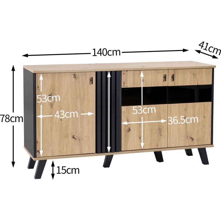Merax 140 x 78 x 41 cm großes Sideboard mit Stauraum, Schrank mit LED-Licht und Glas, Holz und Schwarz – Bild 4