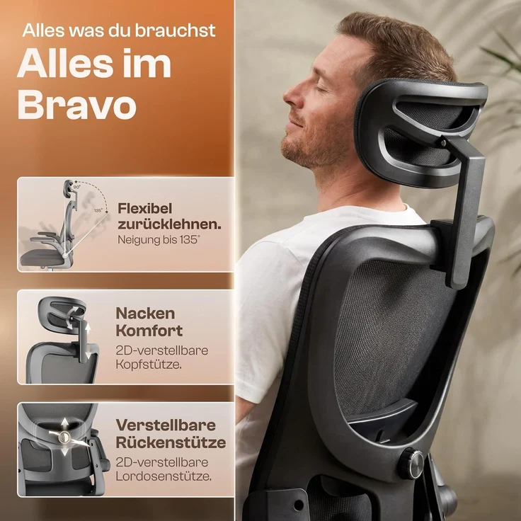 LUTIVO Bravo, ergonomischer Bürostuhl, Rückenlehne mit Mesh Bezug, 3D-Armlehnen, 3D-Kopfstütze, ViperWheels, Schwarz – Bild 3