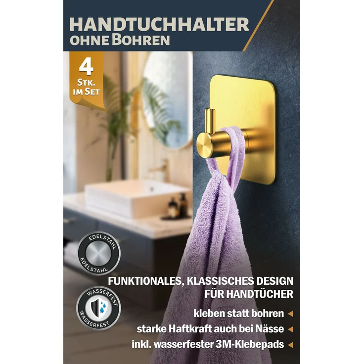 Lindenstein Handtuchhaken 4er-Set Gold – Edelstahl V2A, selbstklebend mit 3M-Pads – Bild 2