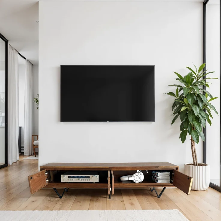 FineBuy Lowboard Sheesham Massivholz 160 cm, TV Board mit Front in Steinoptik & schwarzem Metallgestell, Fernsehschrank Industrial Design, TV Möbel Wohnzimmer Holz Metall – Bild 4
