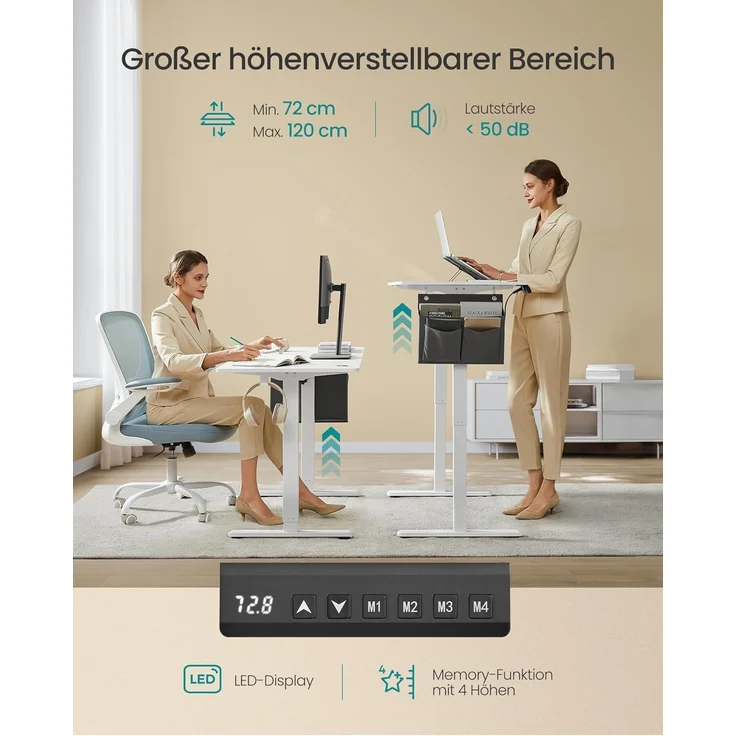 Songmics Höhenverstellbarer Schreibtisch elektrisch, 70x160 x (72-120) cm, Verstellbarer Tisch, Memory-Funktion für 4 Höhen, für Homeoffice, Arbeitszimmer, wolkenweiß LSD136W01 – Bild 4