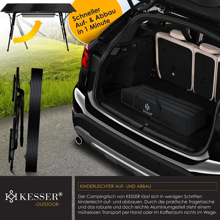 KESSER® Campingtisch faltbar Klapptisch mit Aluminiumrahmen Aufrollbare Tischplatte Falttisch klappbar höhenverstellbar inkl. Tragetasche mit Trageband & Netztasche Schwarz (120 x 70cm) – Bild 6