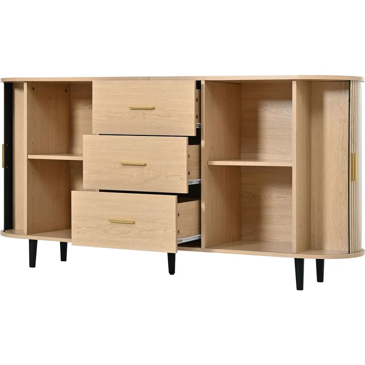 Merax Sideboard mit drei Schubladen mittig und Schiebetüren an den Seiten, gebogenes Design mit vertikaler Rillenverkleidung, Metallgriffe, Rohr-Eisenfüße, Aufbewahrungsschrank, Natur – Bild 8