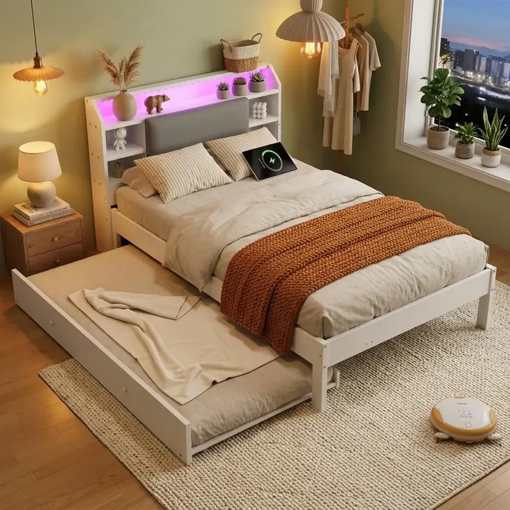 Massivholzbett mit RGB LED-Streifen, Stauraum, Lattenrost, Ausziehbett, Type-C und USB, Kopfteil mit Regal, 120x200 cm, Einzelbett, Kiefer