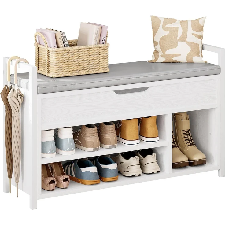 IRONCK Schuhbank mit Sitzfläche, Sitzbank mit Stauraum, Schuhschrank, offene Fächer, Metall Rahmen, Kunstleder, 130kg belastbar, Schuhregal für Eingang,Flur,Wohnzimmer,Schlafzimmer (Weiß) – Bild 1
