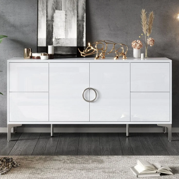 MODFU Sideboard in Hochglanz Weiß mit 4 grifflosen Schubladen (Packung, 1 St, Vielseitig als Esszimmerschrank oder schlichte Kommode nutzbar), 150x59,5x38 cm, stabil auf schlanken Metallstützfüßen – Bild 3