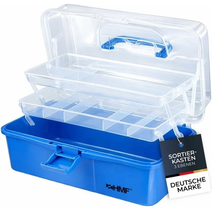 HMF Aufbewahrungsbox Nähkasten aufklappbar mit 3 Ebenen, Sortierbox mit 8 Fächern für, Kleinteile, 36,5 x 20,5 x 16 cm, Blau – Bild 4