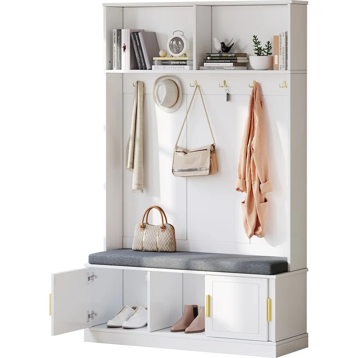 Garderobenständer mit Schuhbank, Garderobe, 6 Dreifach-Haken,freistehend, platzsparend, für Eingangsbereich,Flur, Weiß, 120×40×191cm--Weiß--120x40x191cm--YOUDENOVA – Bild 9