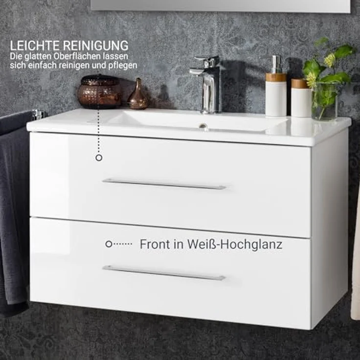 FACKELMANN B.PERFEKT Waschbecken mit Unterschrank 82 cm breit, Weiß, Waschbecken Keramik Weiß – Bild 6