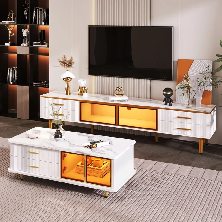 TV-Schrank 170 cm Weiß Gold mit Marmormuster und braunem Glas, Lowboard mit 4 Schubladen und 2 Türen – Bild 1