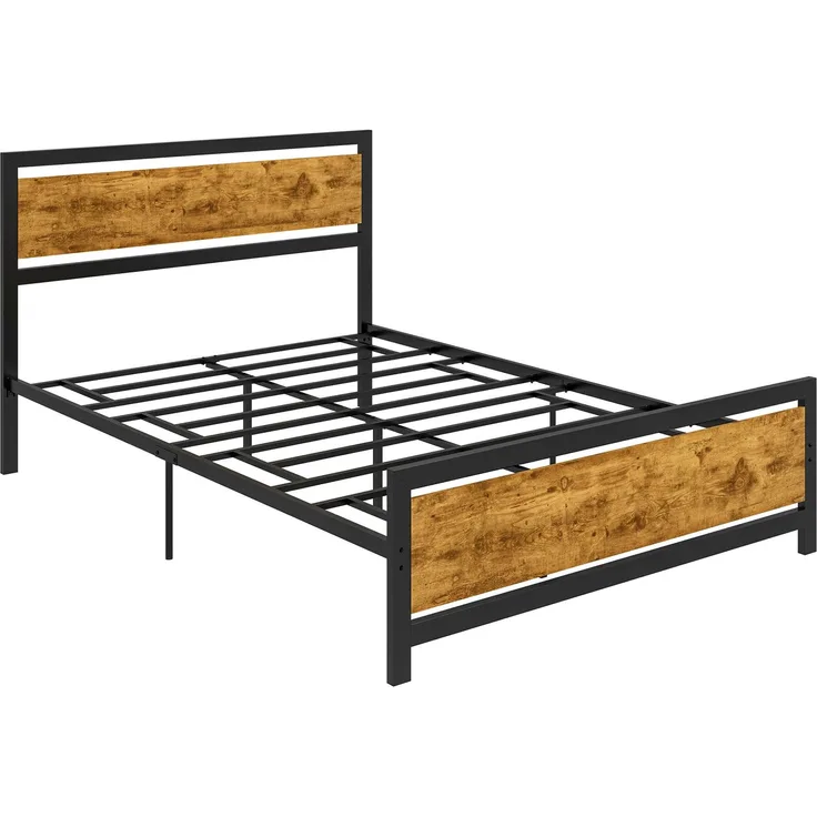 Bettgestell aus Holz und Stahl im Industrial-Stil mit Lattenrost,Schwarz, Rustikales Braun, 103 x 147 x 208 cm, Cecodadi