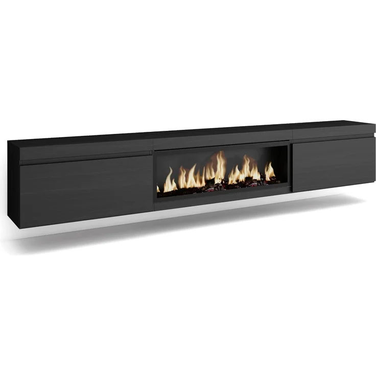 Skraut Home | TV-Schrank, Lowboard | für Wohnzimmer und Esszimmer | 267x45x35 cm | Für großformatiges TV | Elektrokamin XXL | Hängend | Moderner Stil | Schwarz
