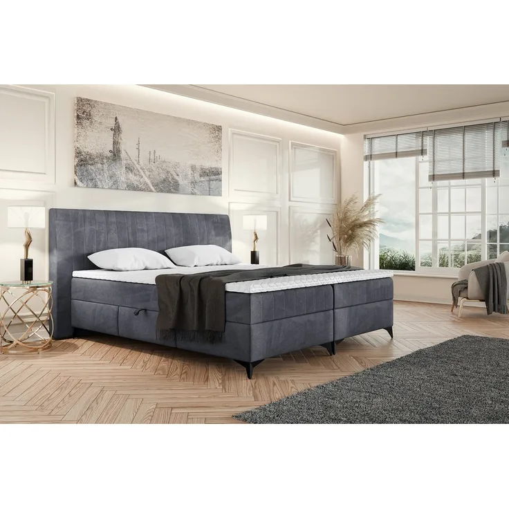 MEBLINI Boxspringbett NANI 160x200cm - H3B/Dunkelgrau Samt - mit Bettkasten - Polsterbett - Doppelbett mit Topper & Bonellfederkern-Matratze