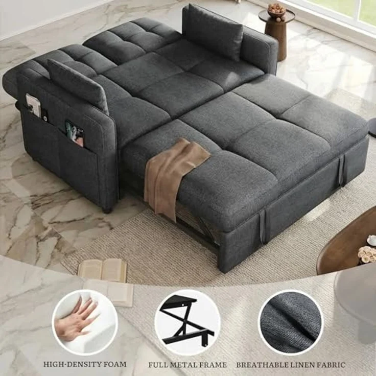 YITAHOME Schlafsofa mit Schlaffunktion, 182x136 cm Sofa, 5-stufig Verstellbarer Rückenlehne, 3-in-1 Schlafcouch mit 2 Kissen & Seitentasche, 2-Sitzer Sofa Bed für Gästezimmer, Grau – Bild 7