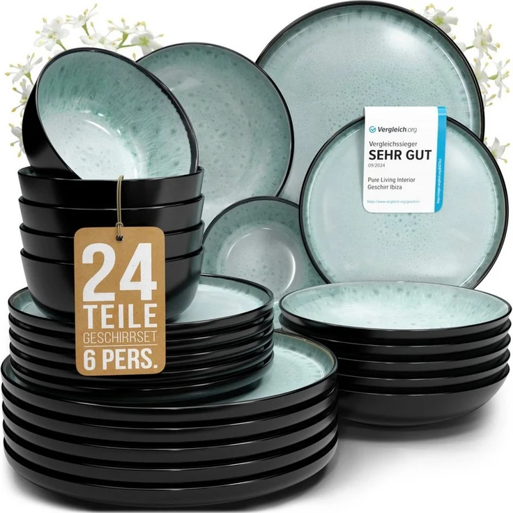 Steingut Geschirrset 6 Pers. Ibiza 24-tlg Hochwertiges Mediterranes TEST SEHR GUT Steingut Geschirr Set - Schüssel- und Teller Set - Tafelservice 6 Personen Geschirrsets Pure Living in Salbeigrün – Bild 1
